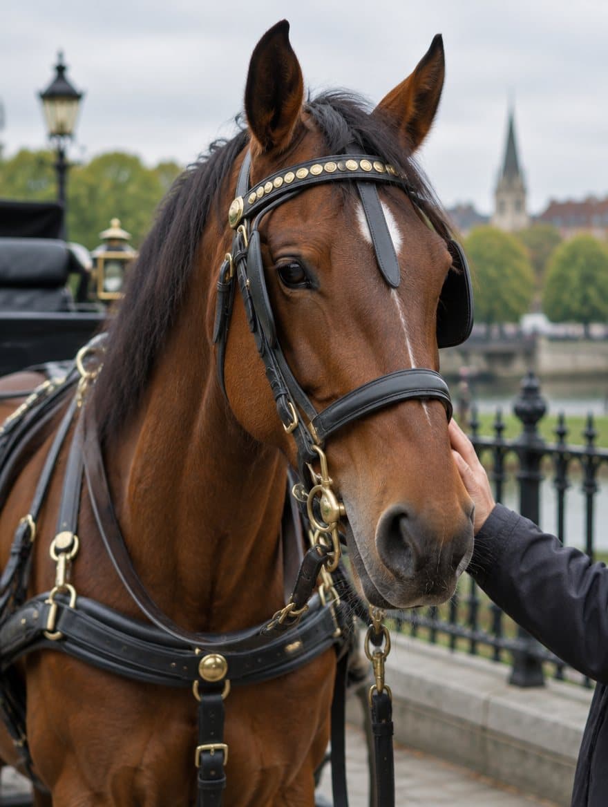 A bay carriage horse in harness at the stand