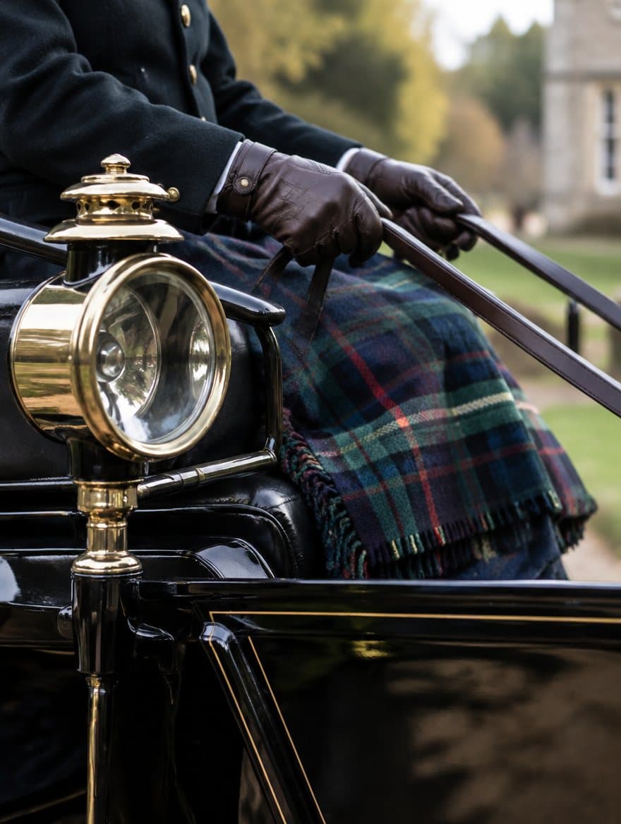 A driver's gloved hands on the reins beside a brass carriage lamp